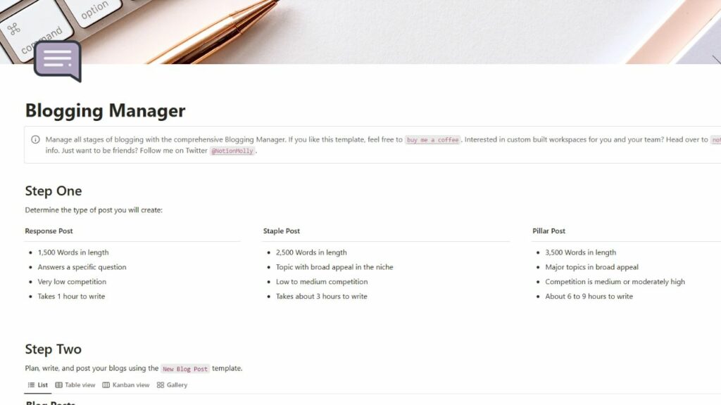 Blogging Manager by Molly Jones Free Notion Templates for Bloggers
