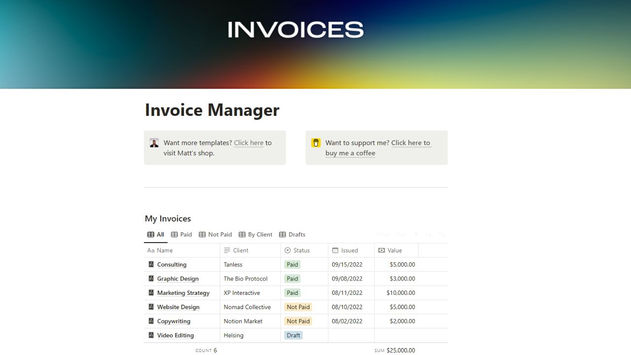 Invoice Manager (Notion Template) by Matt Hamilton Free Notion Invoice Templates