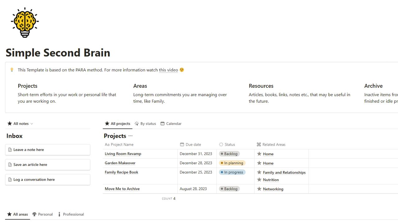 Simple Second Brain - Productivity System by Ance Bumbule Best Notion Second Brain Templates (Free)