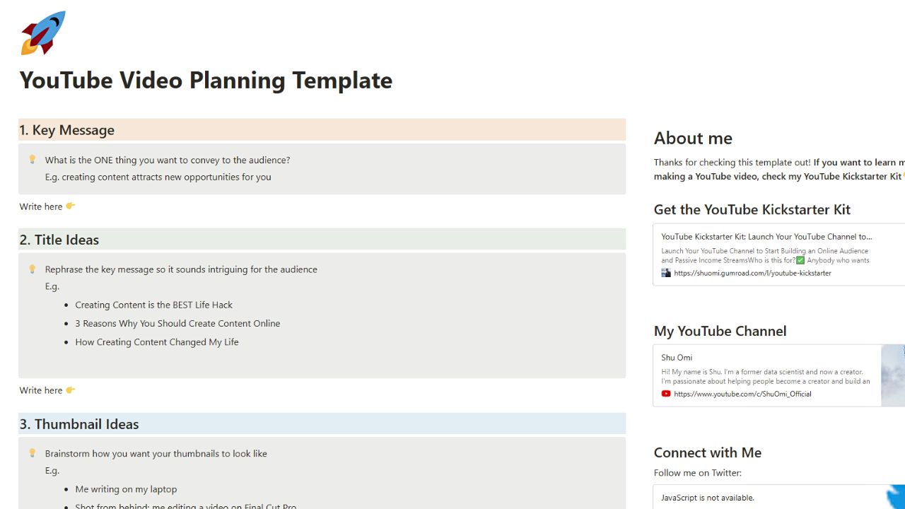 Stress-Free YouTube Video Planning Template by Shu Omi Free Notion Templates for YouTubers