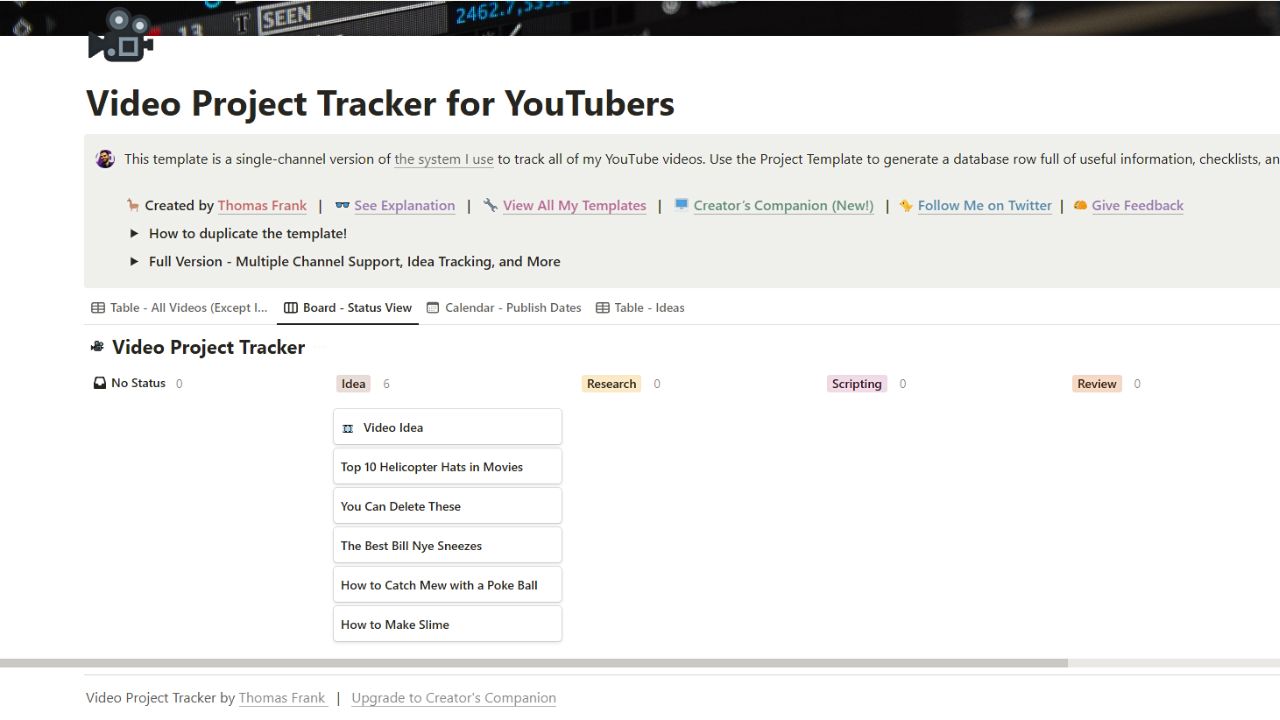 Thomas Frank’s Video Project Tracker Template for Notion Free Notion Templates for YouTubers