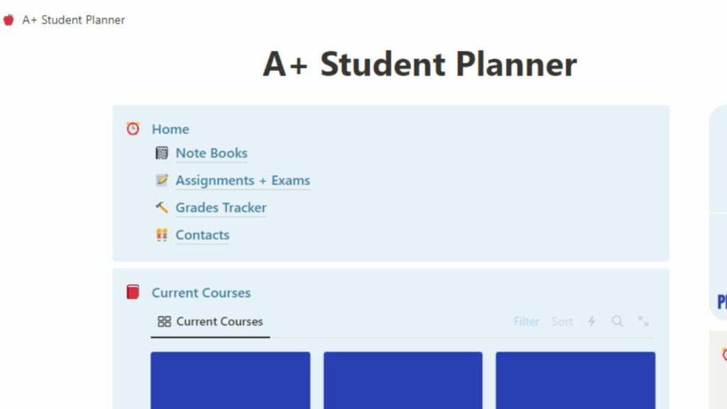 A+ student planner Notion template screenshot