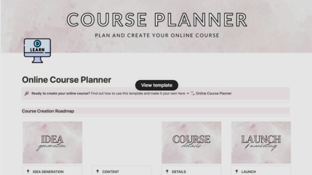 Online course planner Notion template screenshot