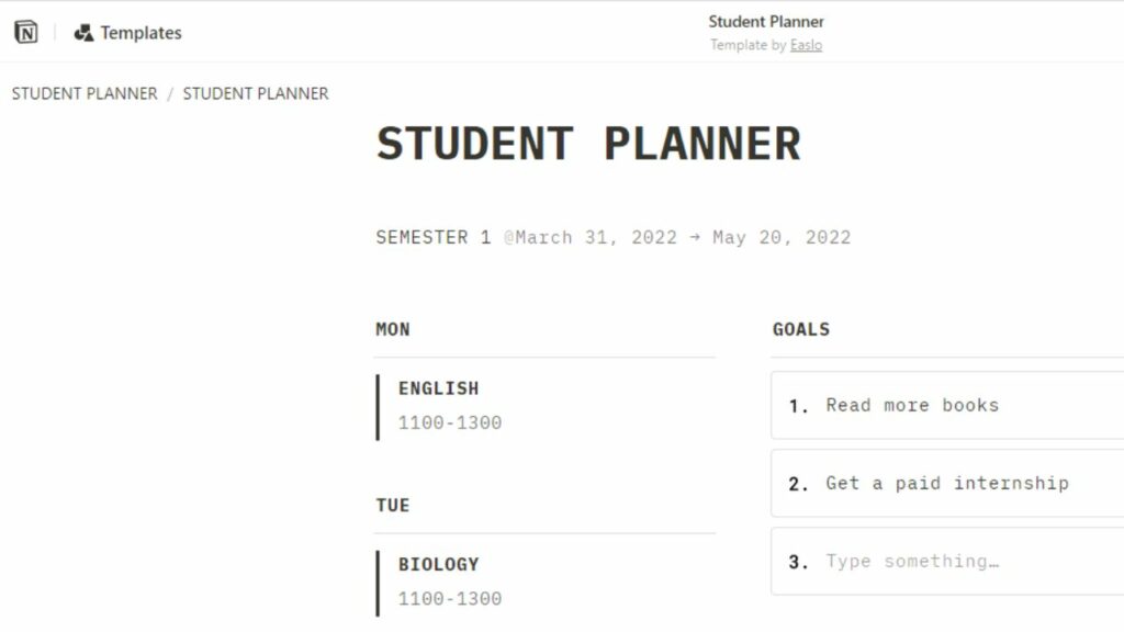 Student planner by Easlo Notion template screenshot