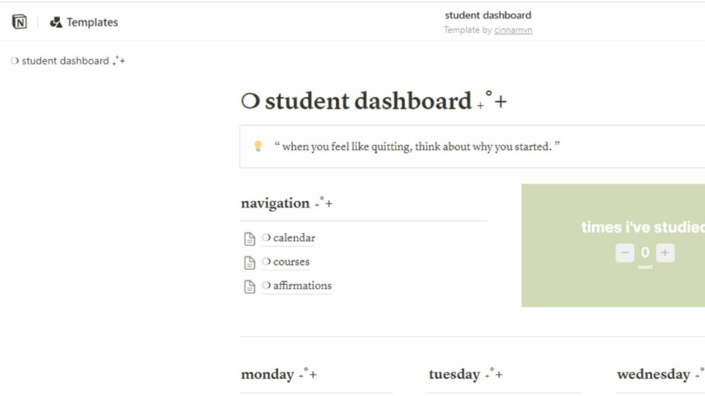 Student dashboard Notion template by cinnamvn screenshot