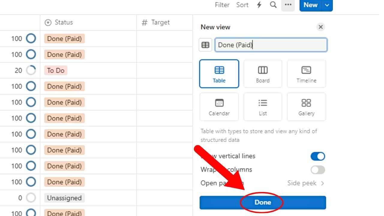 Hide Completed Tasks in Notion in Table View Step 1