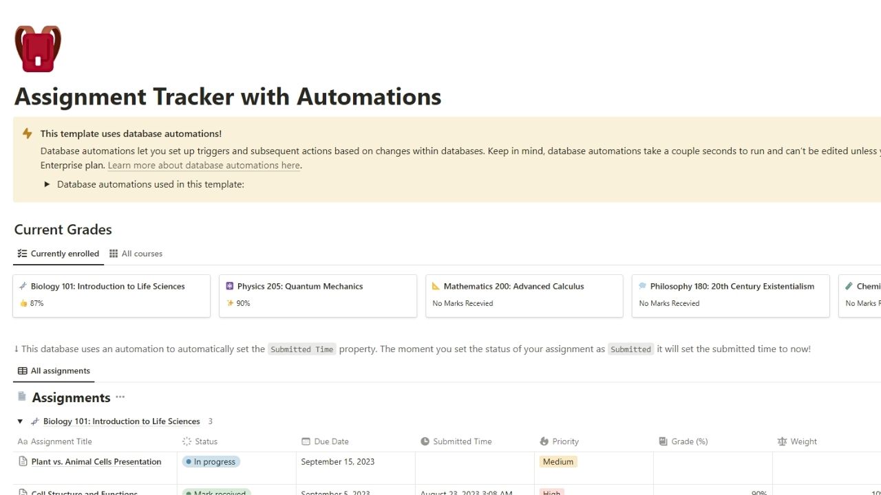 Notion’s Assignment Tracker with Automations Free Notion Templates