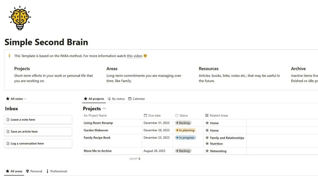 Simple Second Brain — Productivity System by Ance Bumbule Free Notion Templates