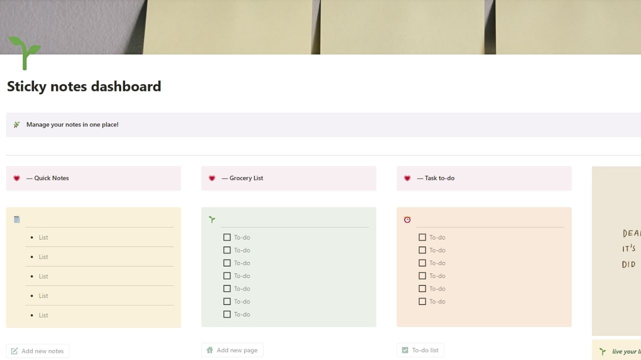 Sticky Notes Dashboard by Poonam Sharma Free Notion Templates
