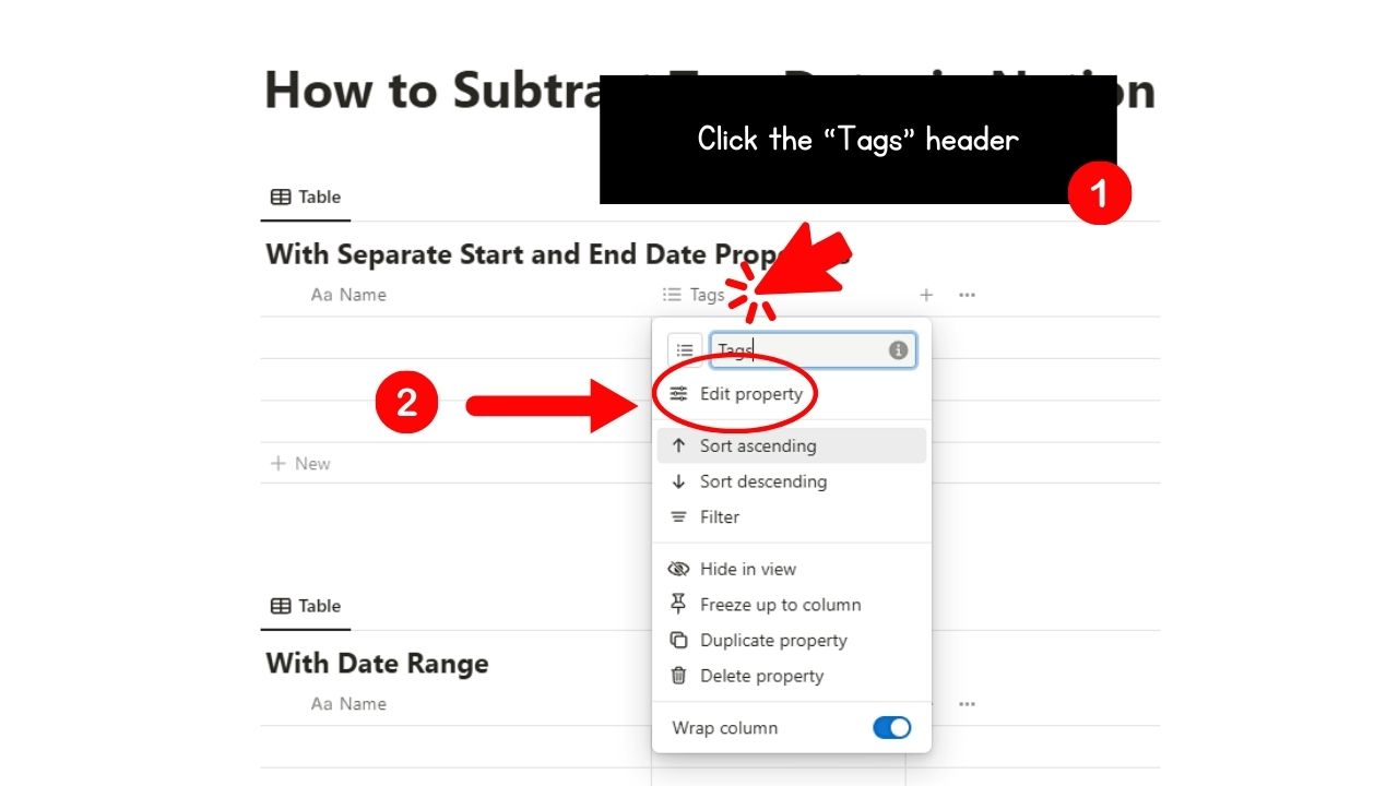 How to Subtract Two Dates in Notion Step 1