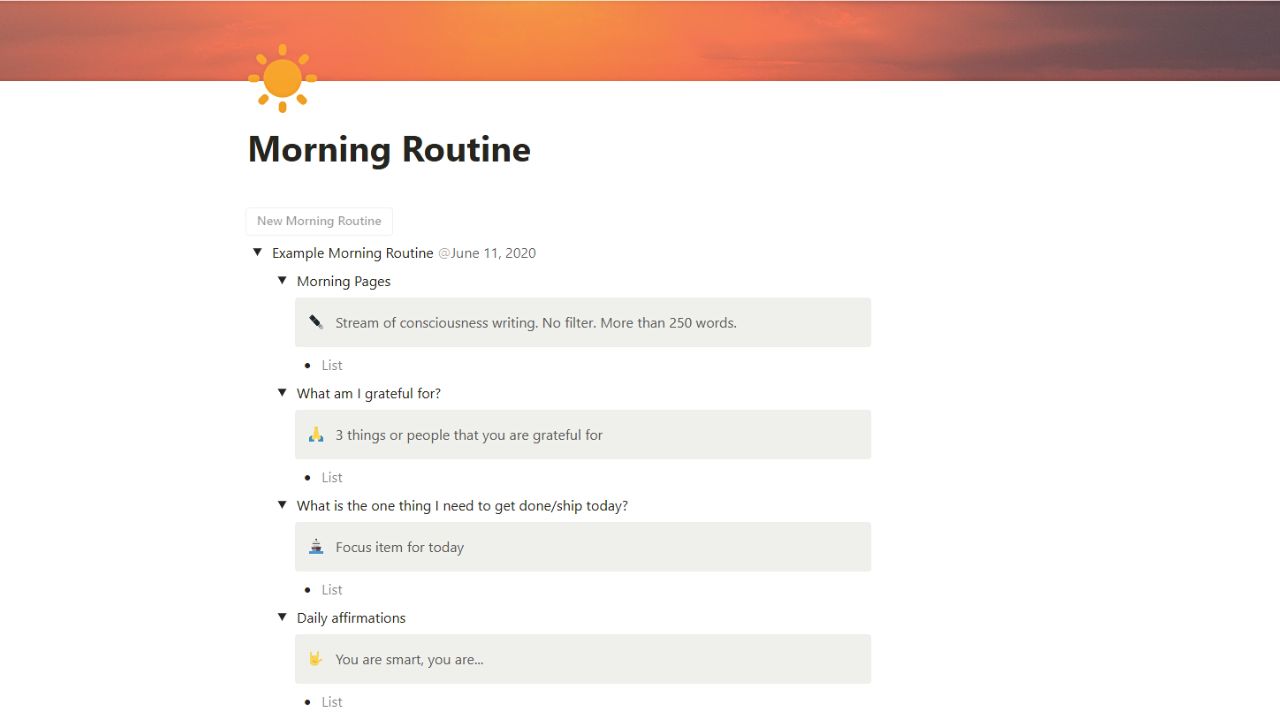 Morning Writing Routine by Kavir Kaycee Free Notion Routine Templates
