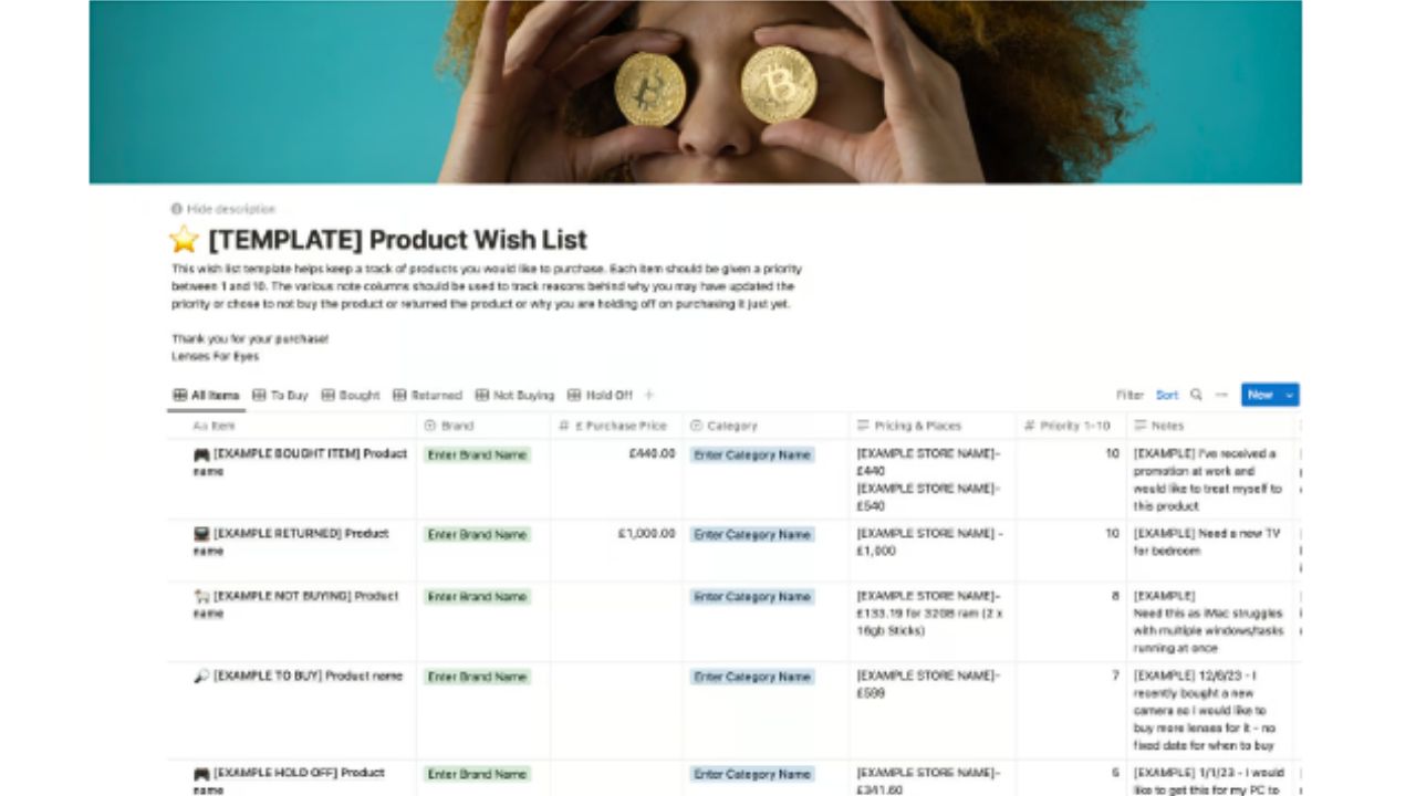 Product Wish List by Lenses for Eyes Paid Notion Wishlist Templates