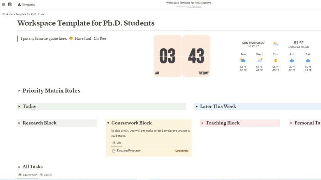 Workspace Template for PhD Students Notion Template Screenshot