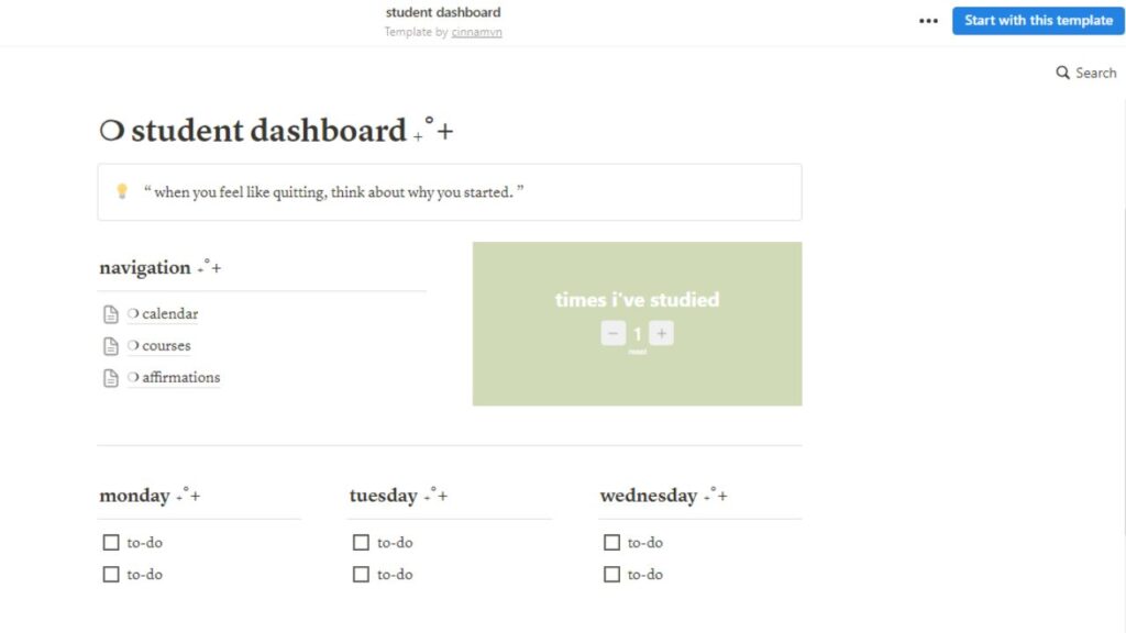 Student Dashboard Notion Template Screenshot