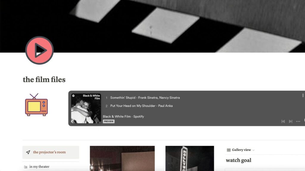 Screenshot of the Film Files Notion Template